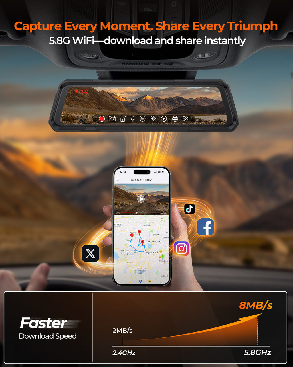 Waterproof Rear View Mirror Dash Cam Black Star Audio