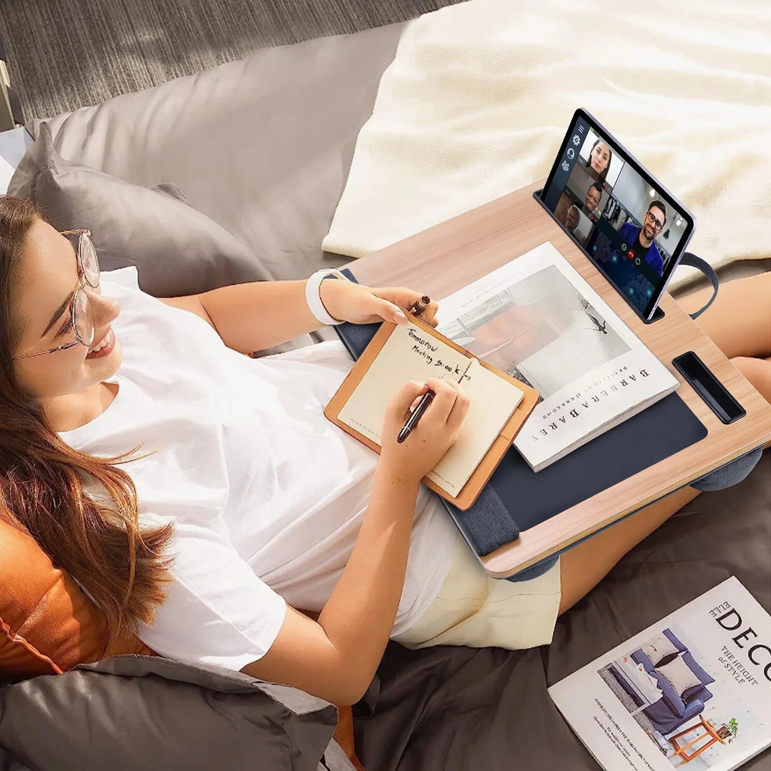 21.6 Inch Laptop Desk with Dual Cushion Device Ledge Mouse Pad Phone - Wood Grain