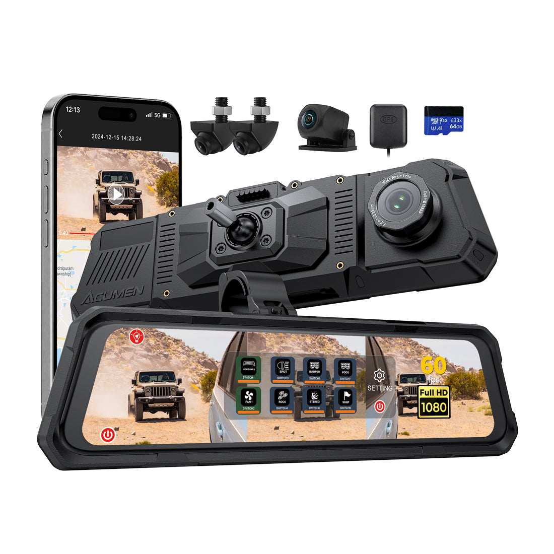 Waterproof Rear View Mirror Dash Cam Black Star Audio