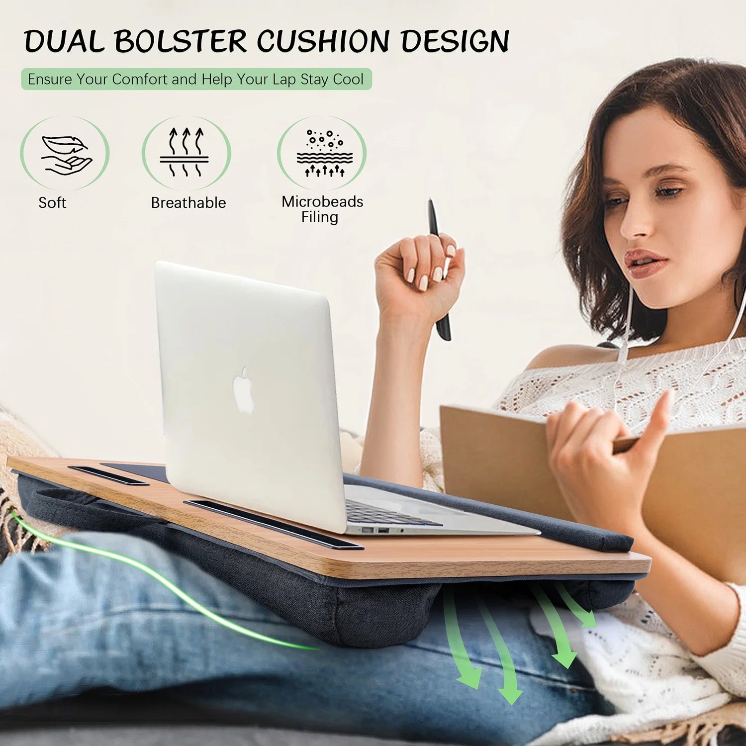 21.6 Inch Laptop Desk with Dual Cushion Device Ledge Mouse Pad Phone - Wood Grain