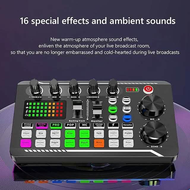 F998 Podcast Audio Interface & DJ Mixer – 16 Sound Effects, Bluetooth & LED Lighting - Black Star Audio